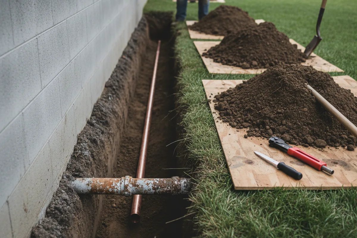 Excavated water line trench during Water Heater Repair in Deputy